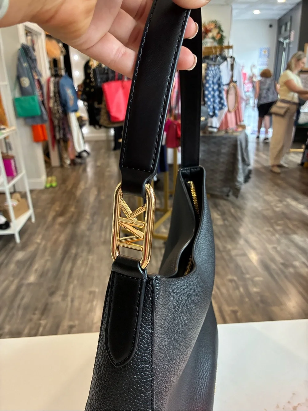 Michael Kors Black Pebbled Leather Shoulder Bag with Gold Hardware